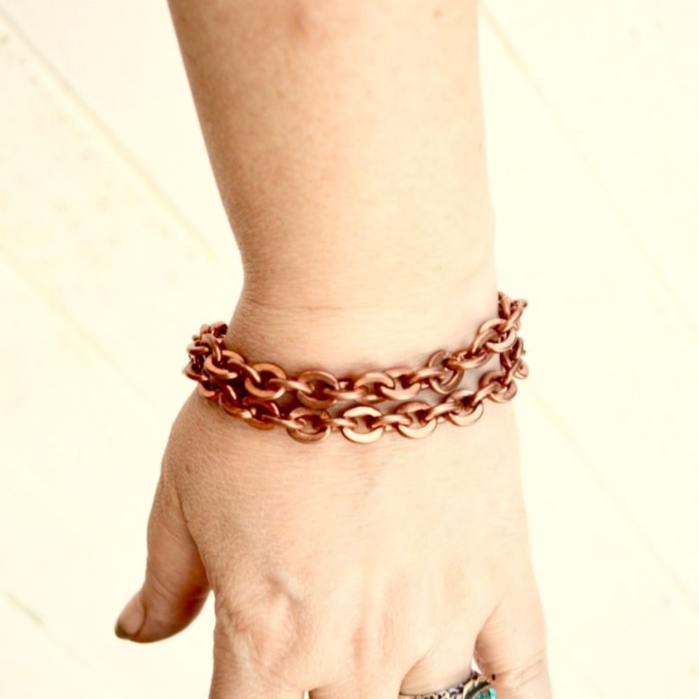 Double Strand Copper Heavy Chain Bracelet Rustic - Picture 4 of 6
